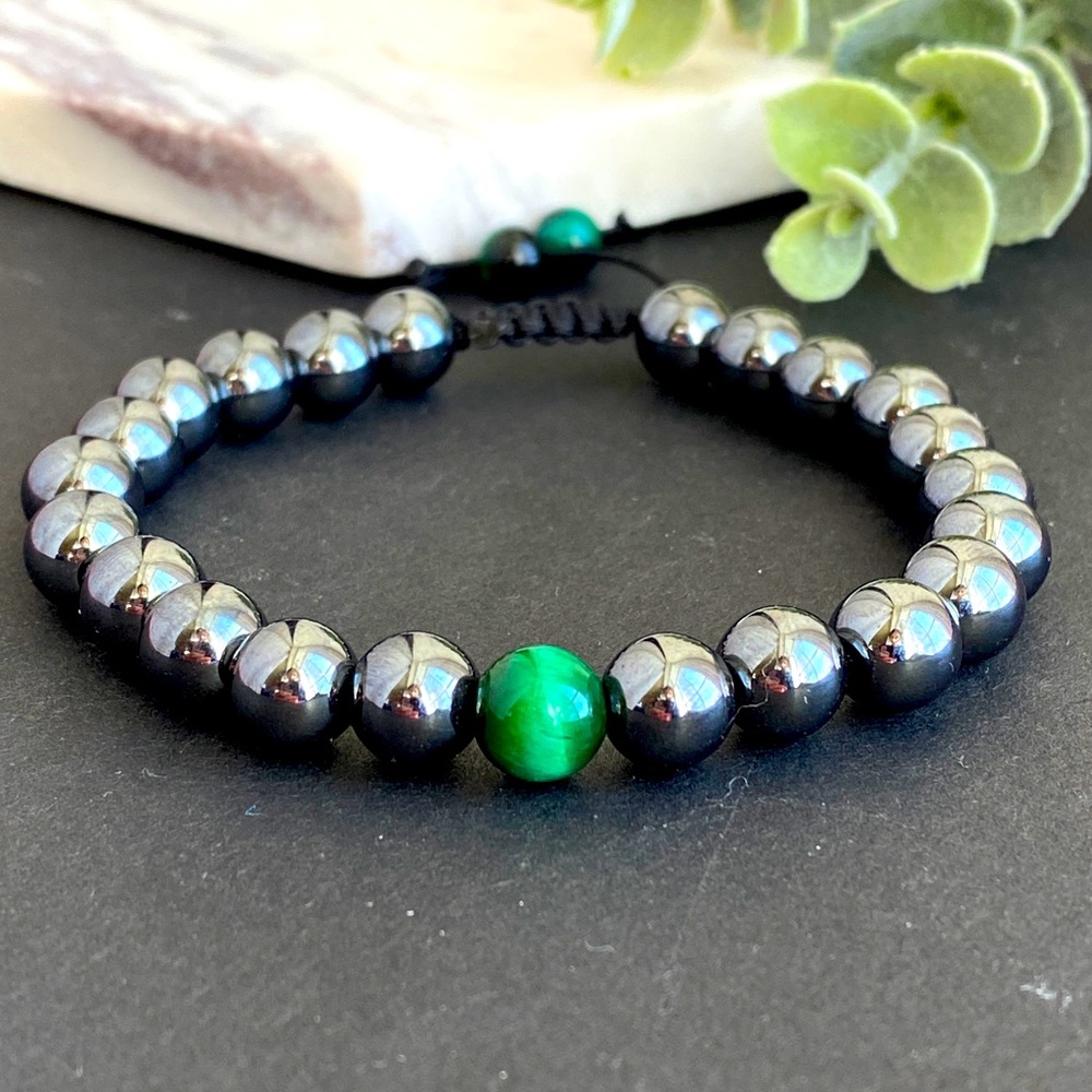 Mens Bracelet Green Tiger Eye Black Hematite Bracelet adjustable cord Macrame